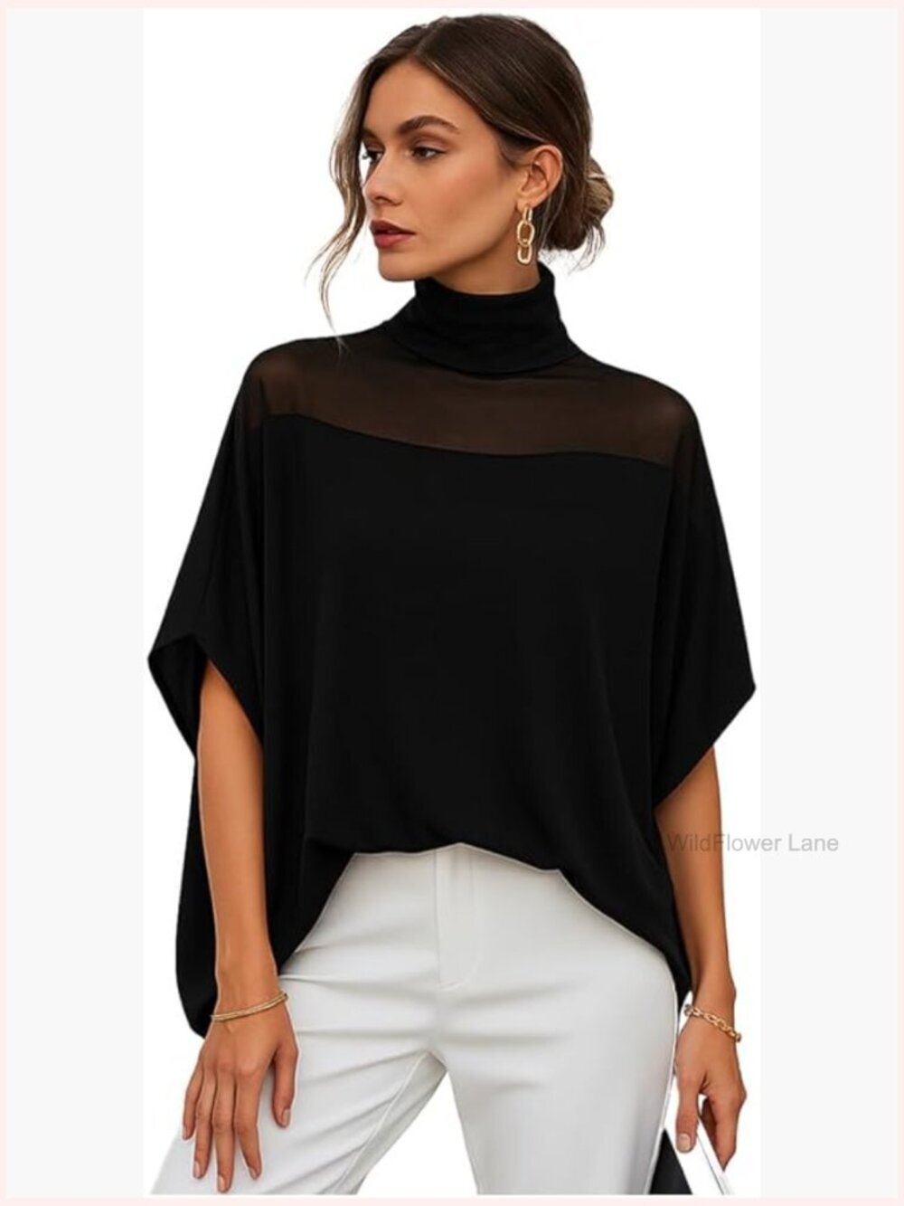 Flowy Mesh Mock Neck Batwing Sleeve Blouse Loose Tunic Top